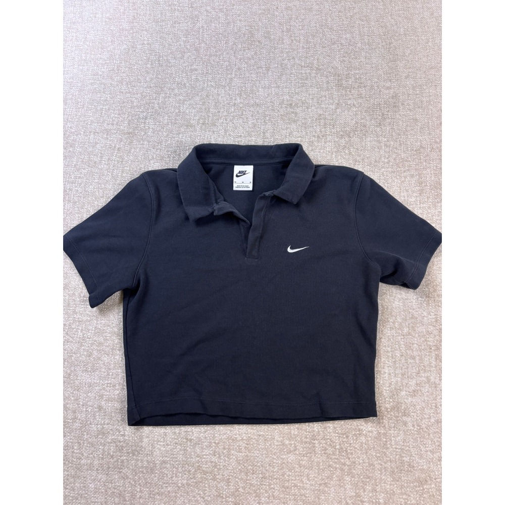 Nike Sportswear Women Black Cropped Polo Shirt Short Sleeve Swoosh Logo M